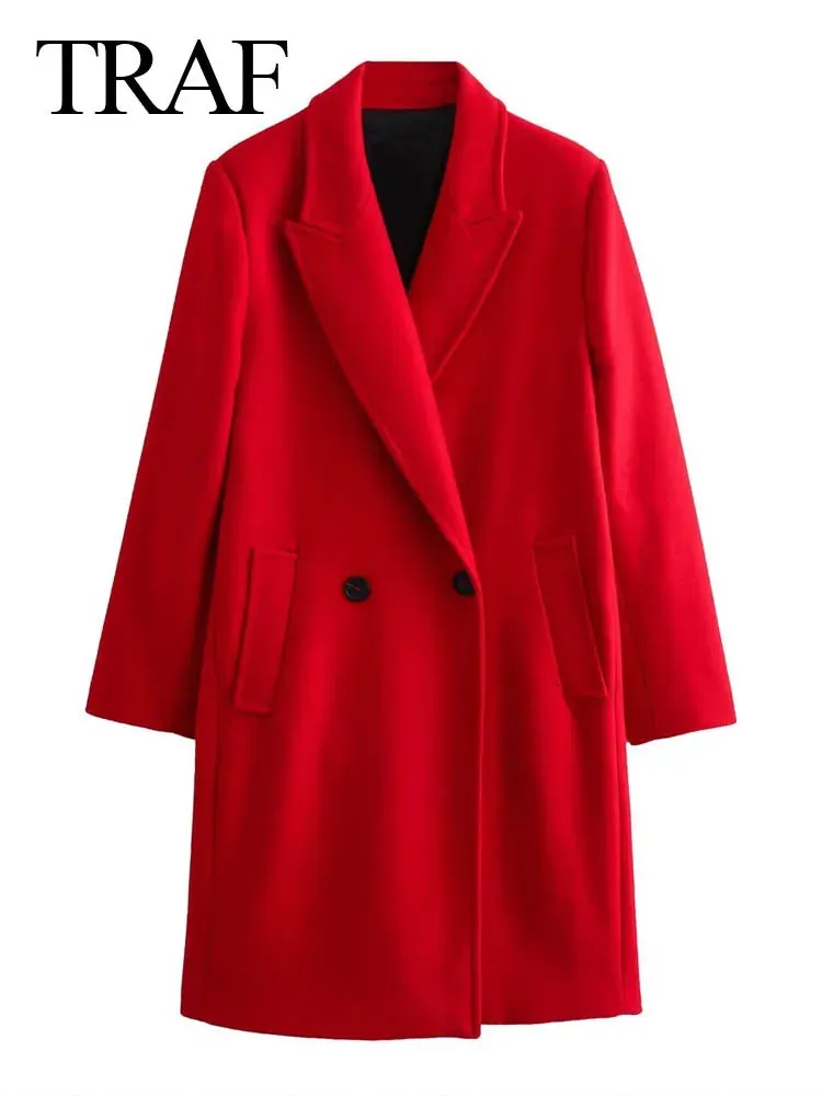 Winter Thick Windbreaker Red Long Blended Button Woolen Loose Retro Coat