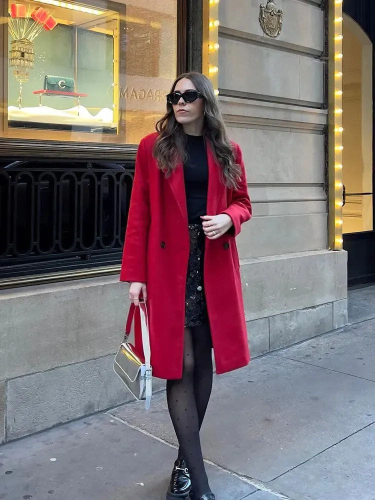 Winter Thick Windbreaker Red Long Blended Button Woolen Loose Retro Coat